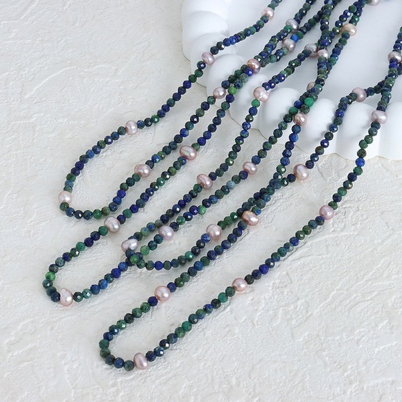 18K Gold Plated Lapis Necklace*Pink Pearl*Lapis Lazuli*Gemstone Necklace - Picture 5 of 8